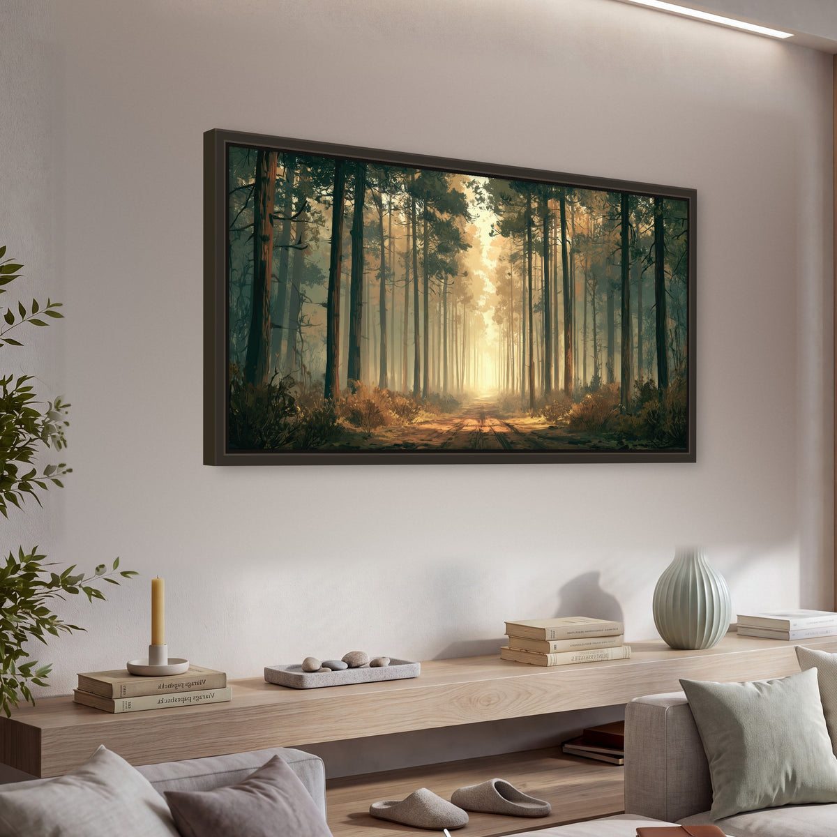 Sunlit pine forest road painting framed canvas wall art in a living room above a console
