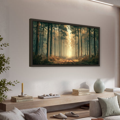 Sunlit pine forest road painting framed canvas wall art in a living room above a console