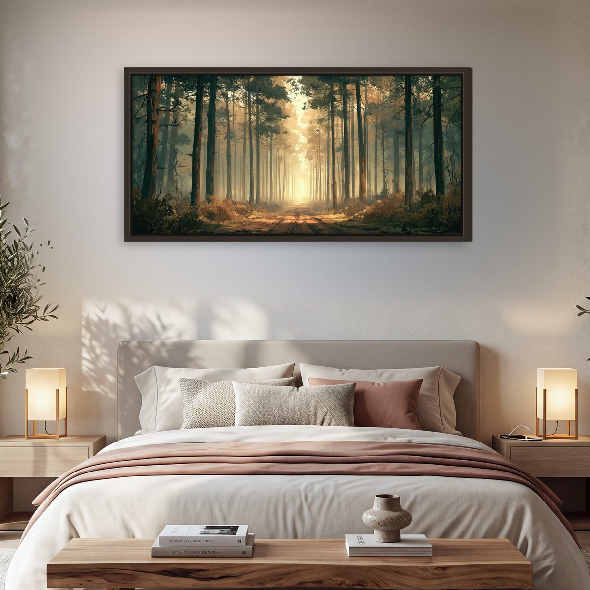 Sunlit pine forest road painting framed canvas wall art in a bedroom above the bed