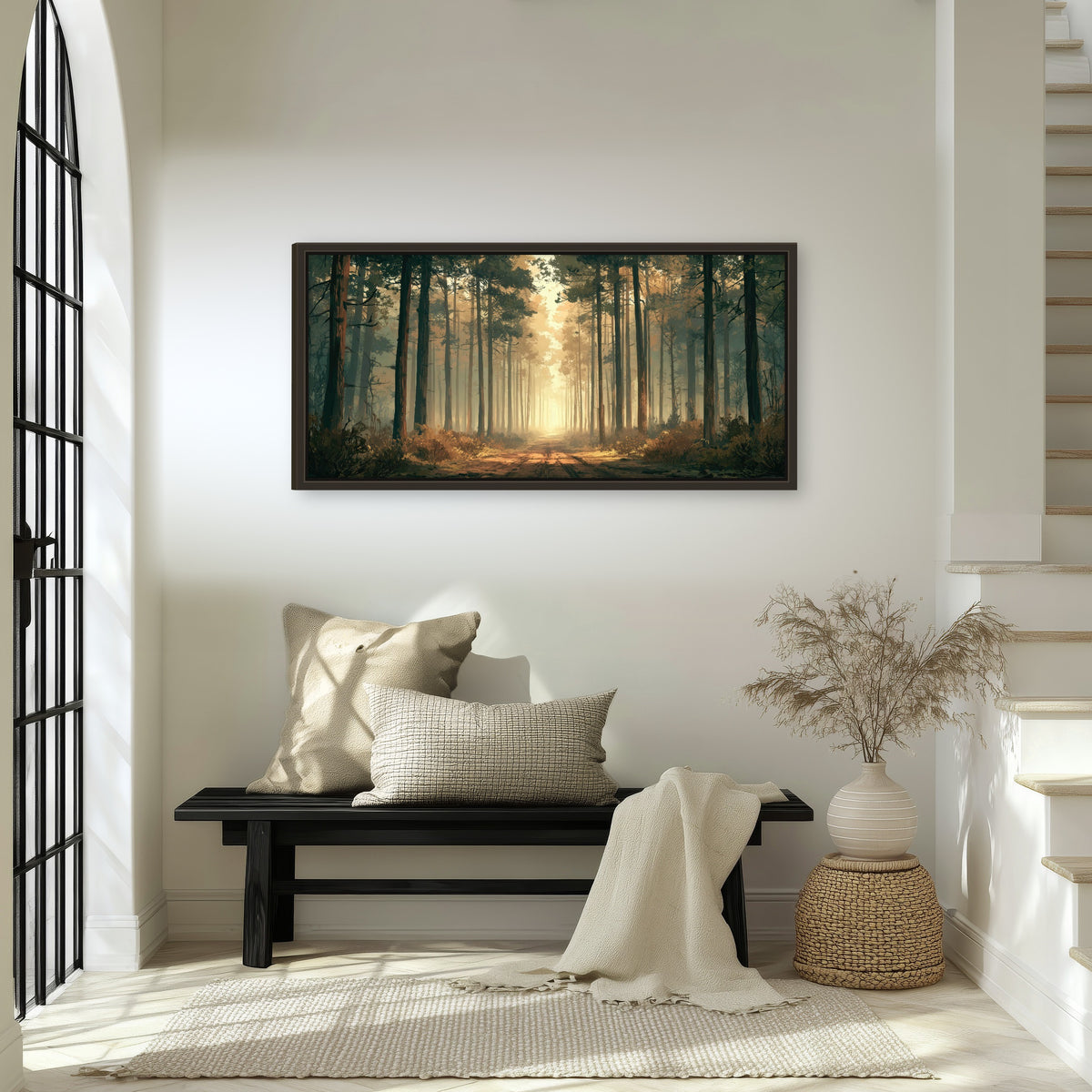 Sunlit pine forest road painting framed canvas wall art in an entryway above a bench
