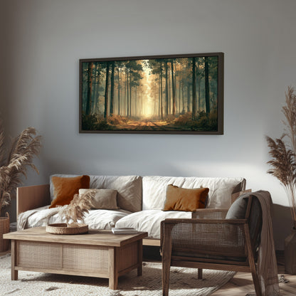 Sunlit pine forest road painting framed canvas wall art in a rustic living room