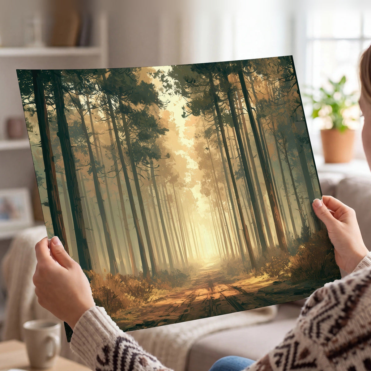 Sunlit pine forest road painting poster print held in hands