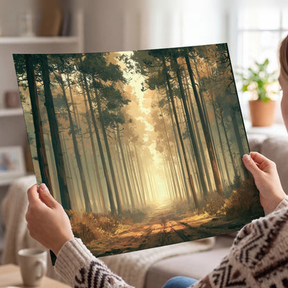Sunlit pine forest road painting poster print held in hands