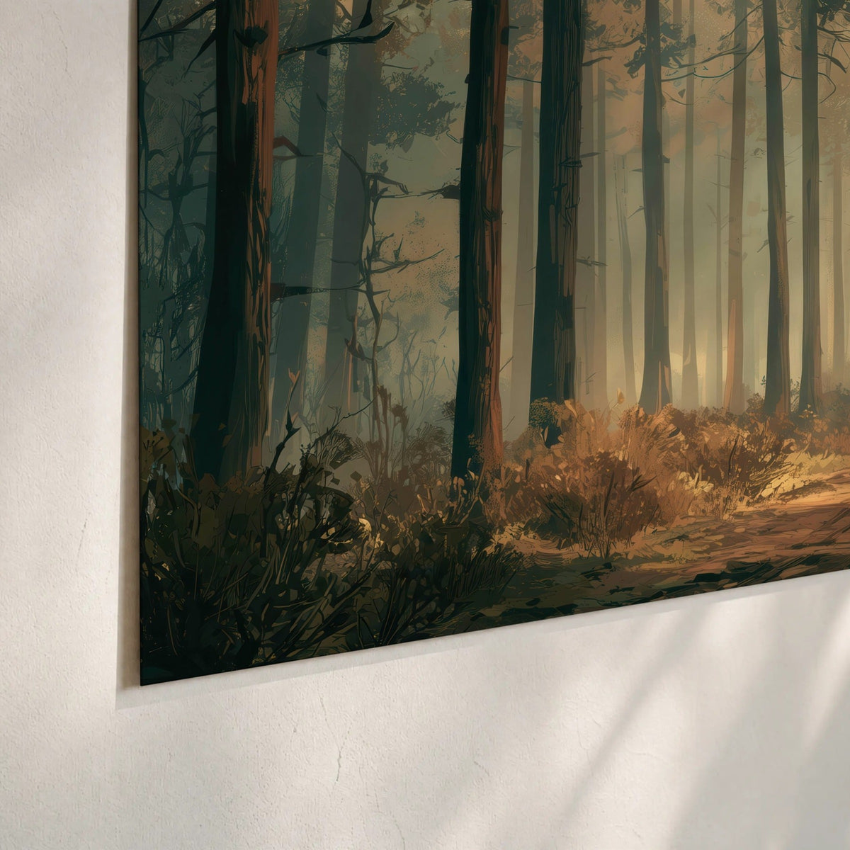 Sunlit pine forest road painting poster print close-up on matte paper