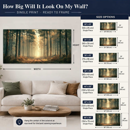 Sunlit pine forest road painting poster print size guide above a sofa