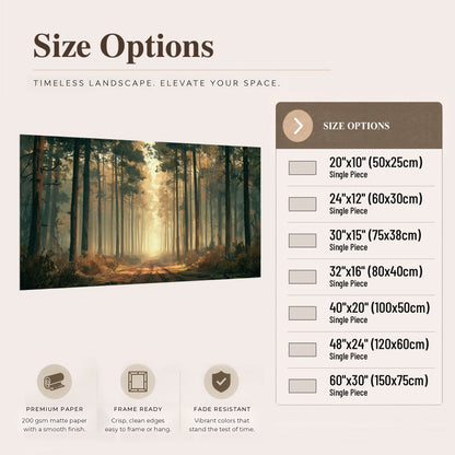 Sunlit pine forest road painting poster print size options