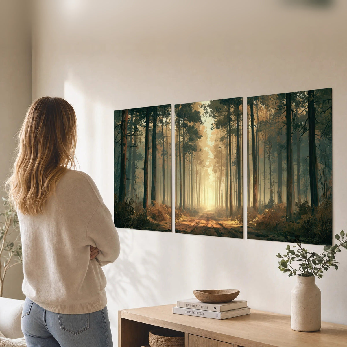 Sunlit pine forest road painting set of 3 poster prints in a living room