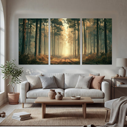 Sunlit pine forest road painting set of 3 poster prints in a bright living room