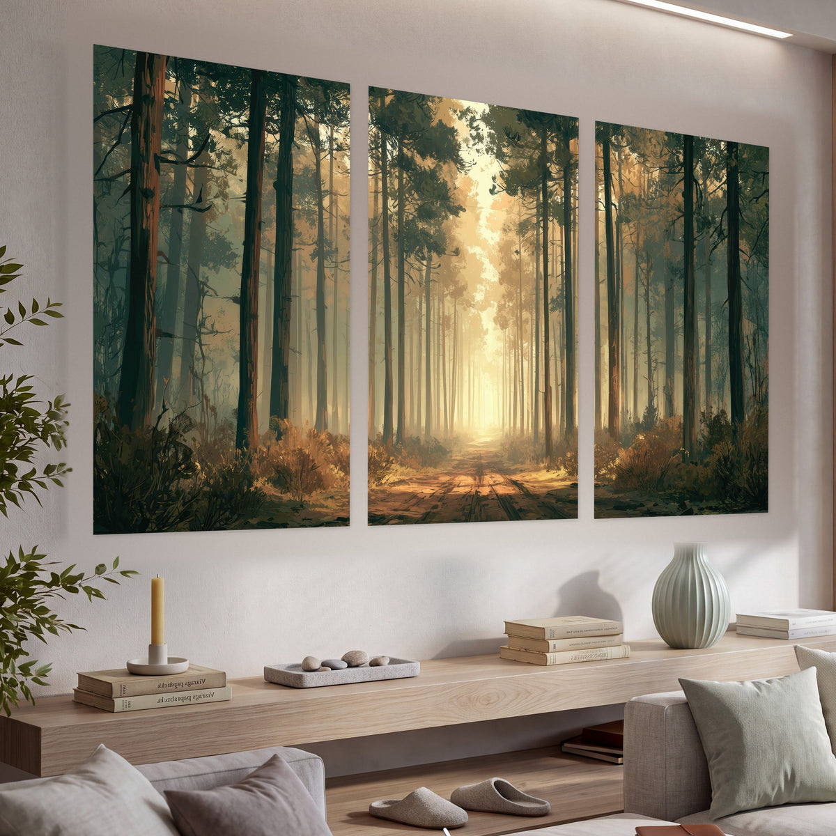 Sunlit pine forest road painting set of 3 poster prints in a living room above a console