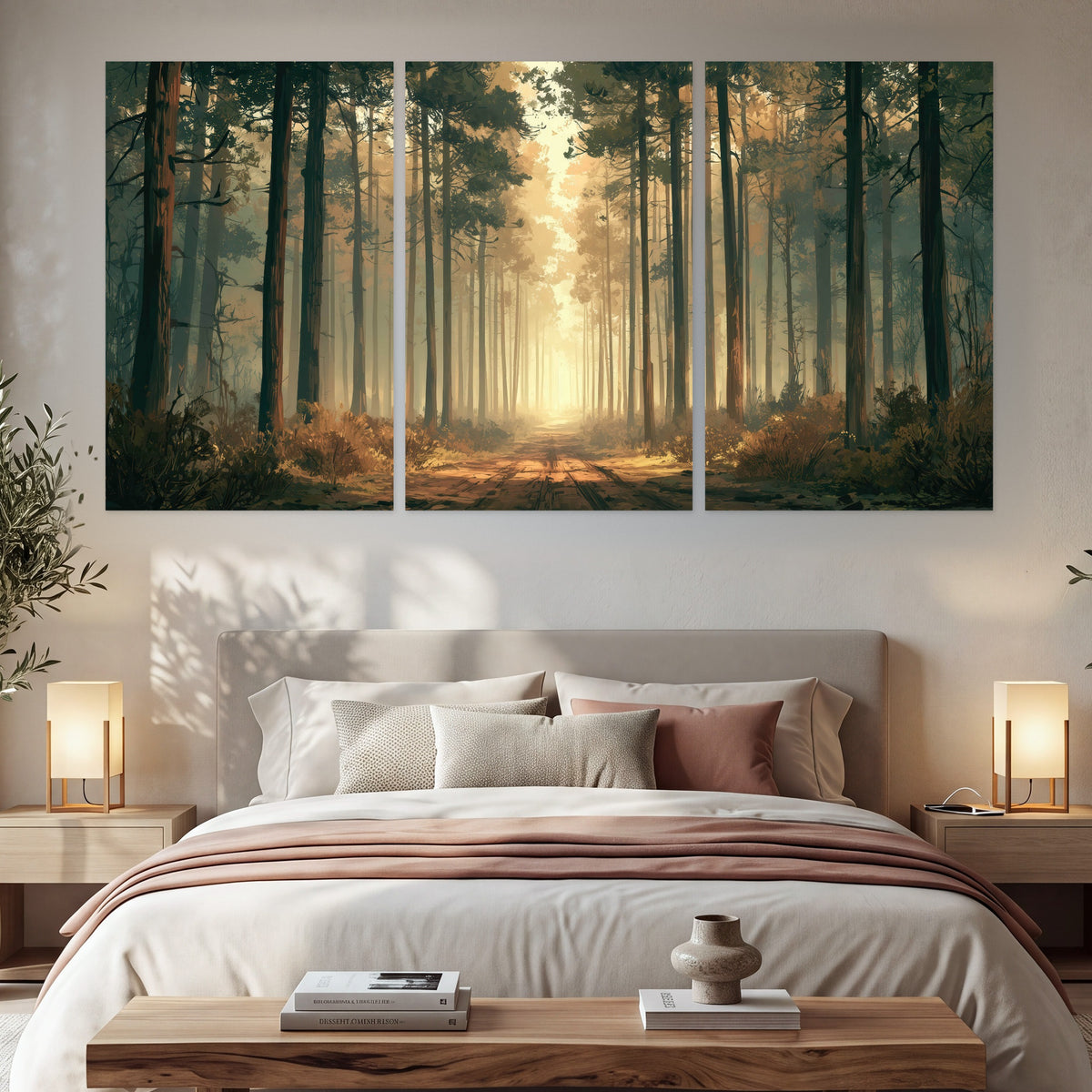 Sunlit pine forest road painting set of 3 poster prints in a bedroom above the bed