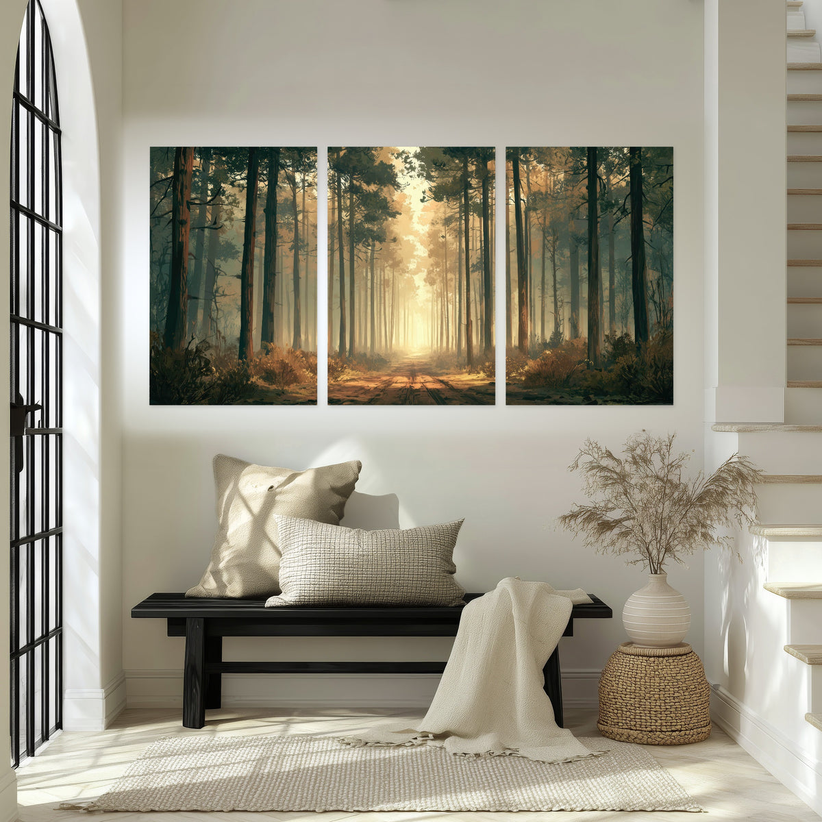 Sunlit pine forest road painting set of 3 poster prints in an entryway above a bench
