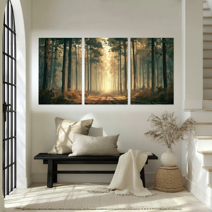 Sunlit pine forest road painting set of 3 poster prints in an entryway above a bench
