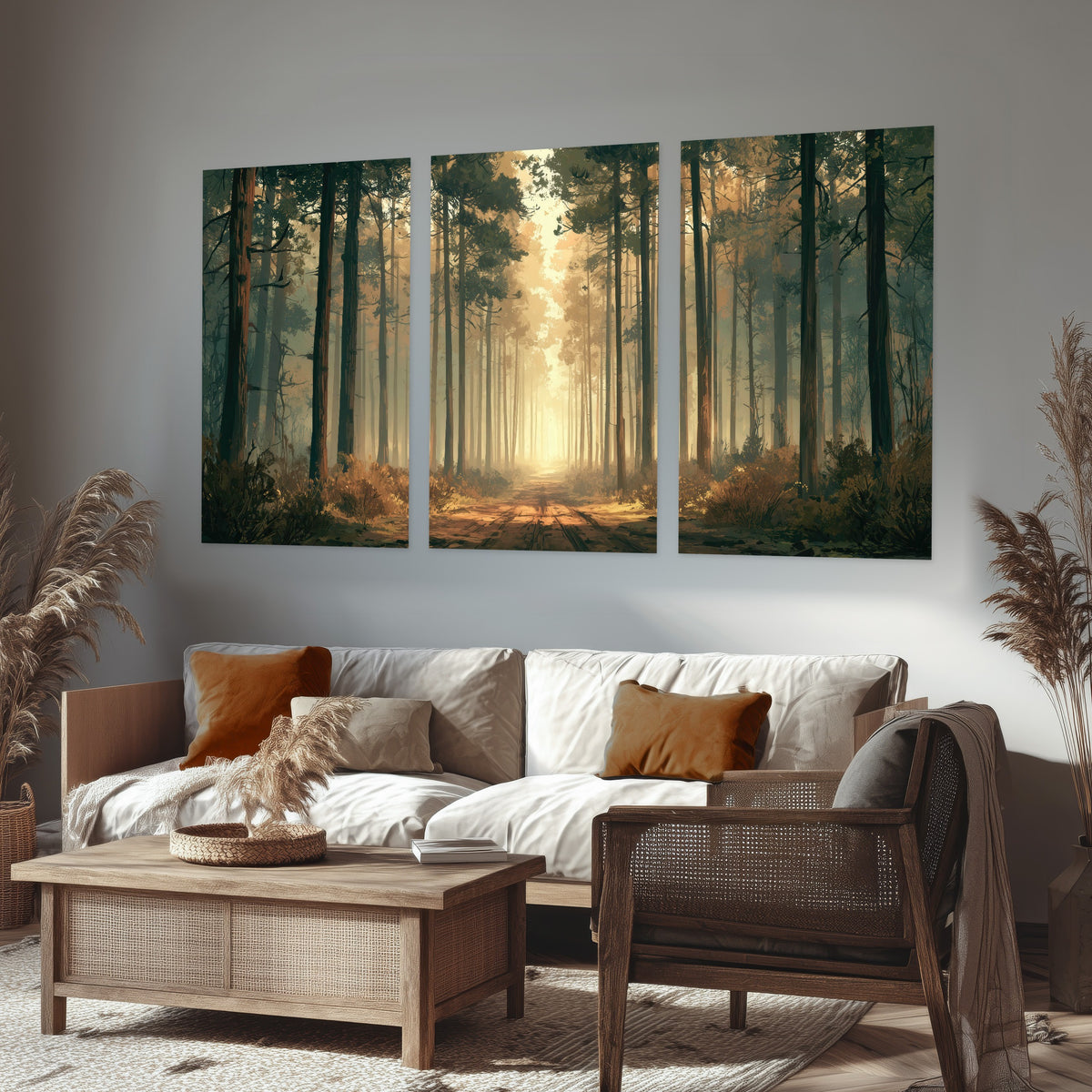 Sunlit pine forest road painting set of 3 poster prints in a rustic living room