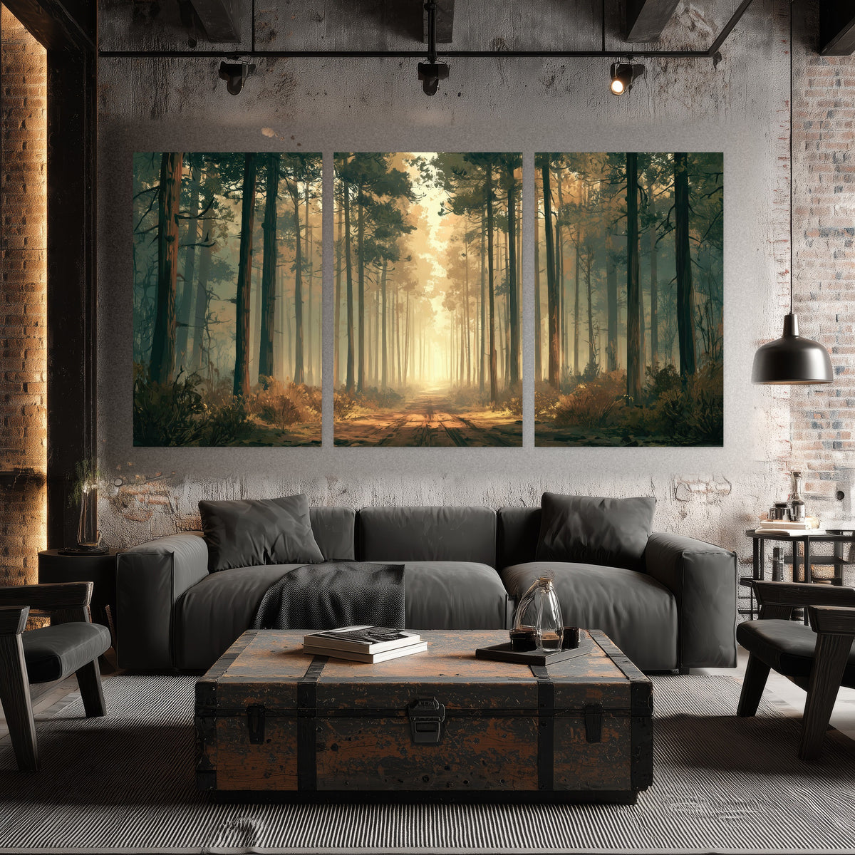Sunlit pine forest road painting set of 3 poster prints in an industrial loft