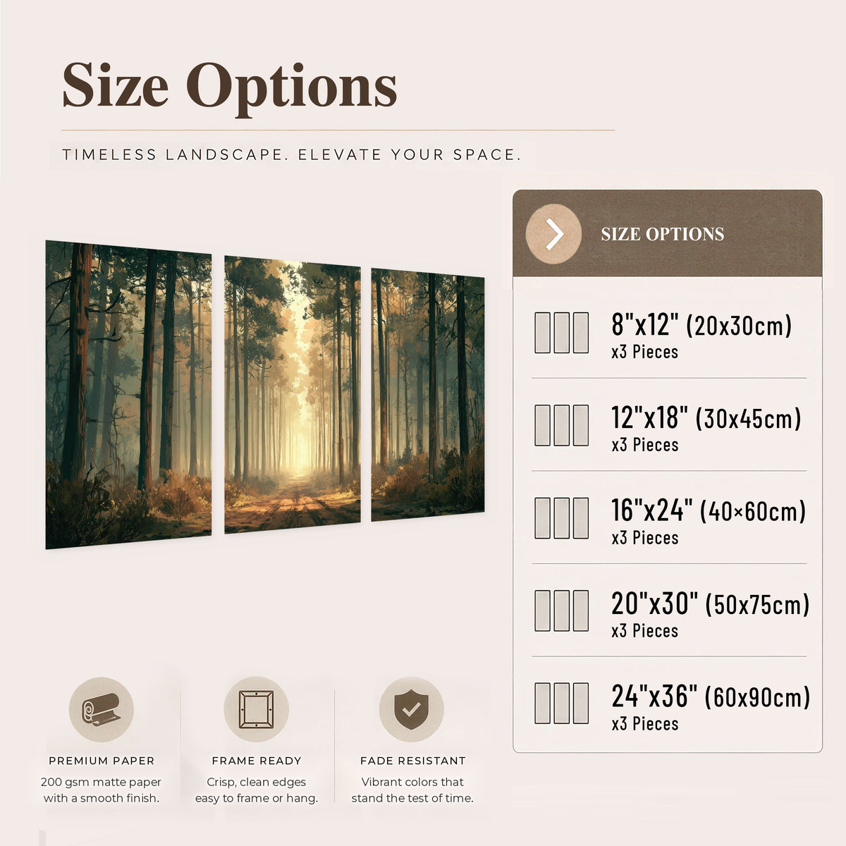 Sunlit pine forest road painting set of 3 poster prints size options