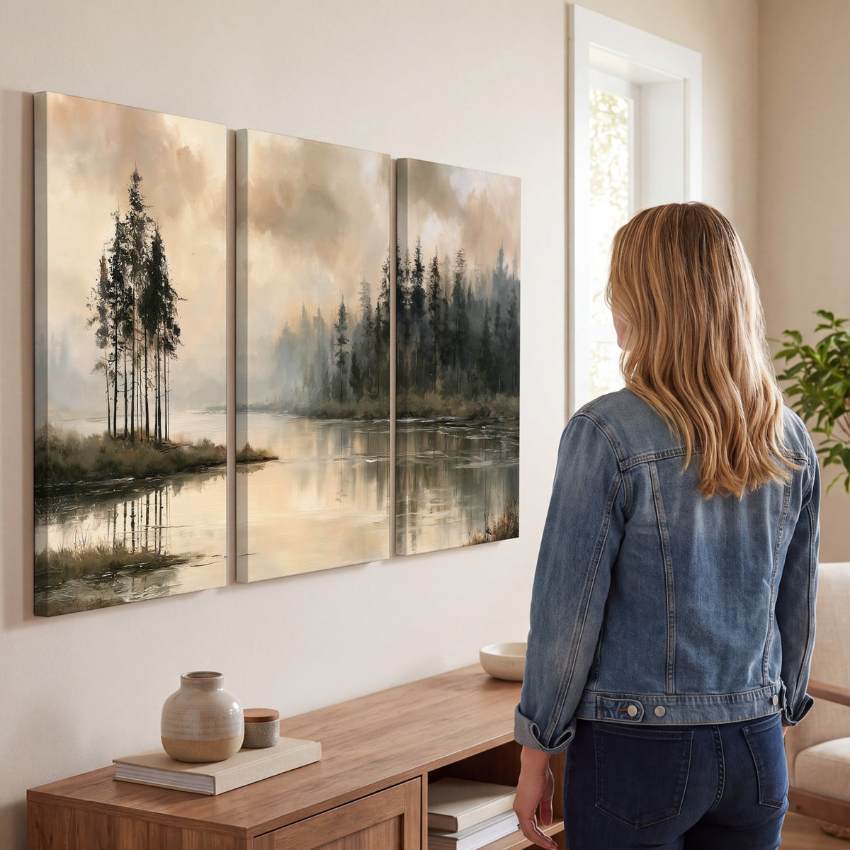 Misty lake pines painting 3 piece canvas wall art in a living room
