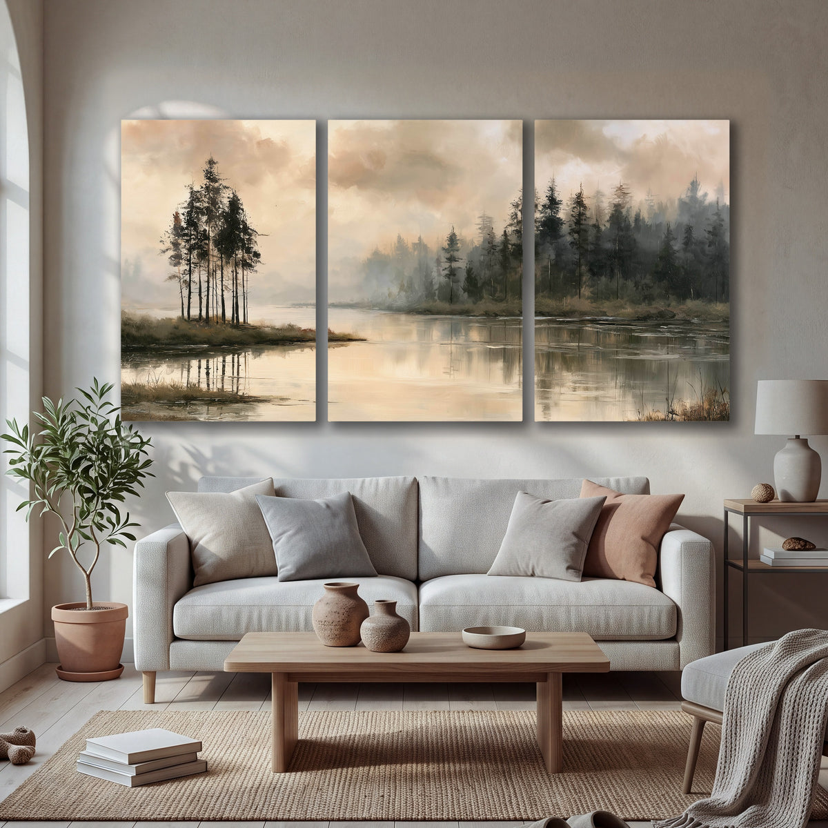 Misty lake pines painting 3 piece canvas wall art in a bright living room