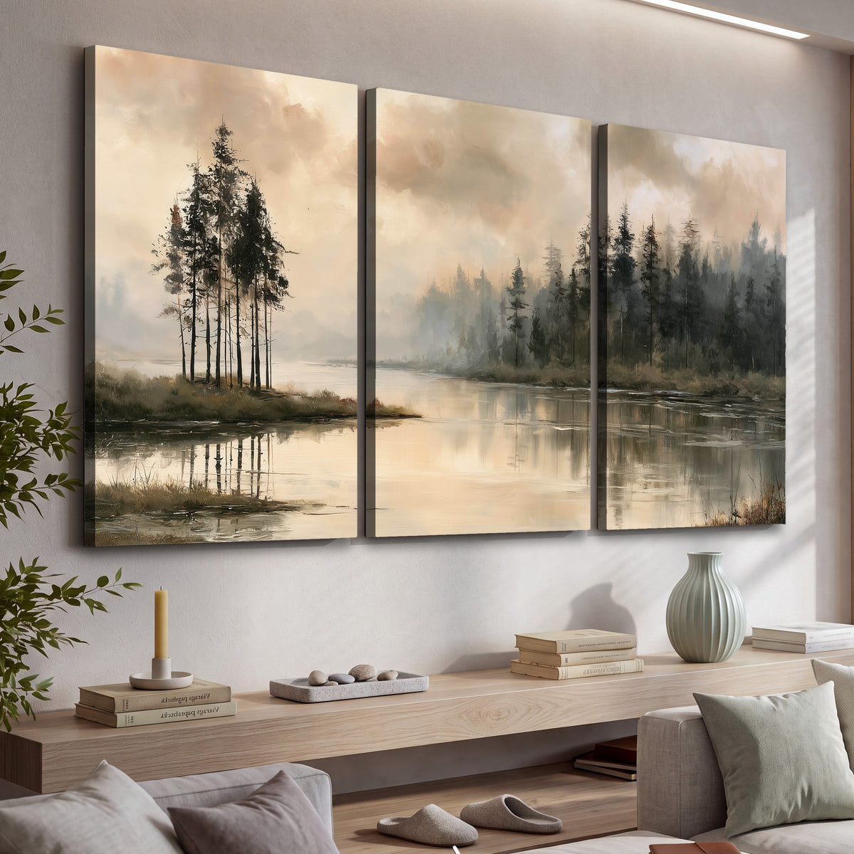 Misty lake pines painting 3 piece canvas wall art in a living room above a console