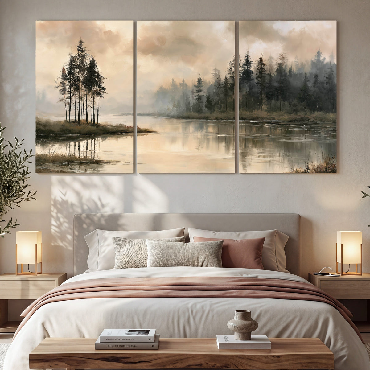 Misty lake pines painting 3 piece canvas wall art in a bedroom above the bed