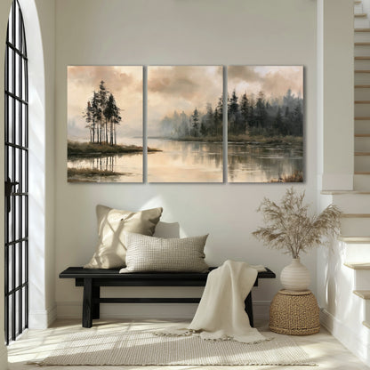 Misty lake pines painting 3 piece canvas wall art in an entryway above a bench
