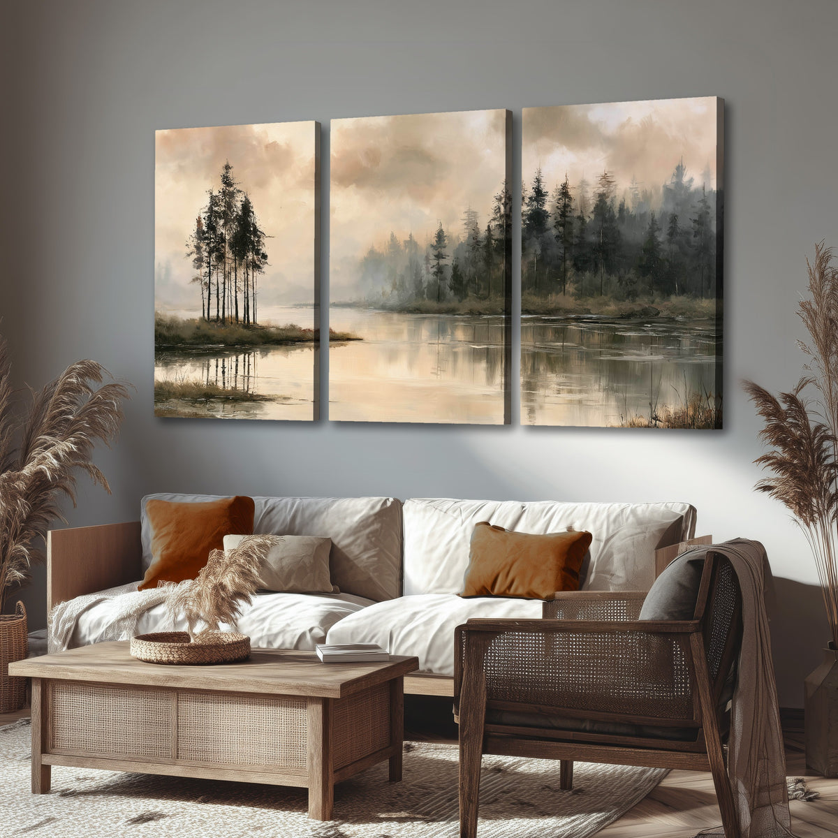 Misty lake pines painting 3 piece canvas wall art in a rustic living room