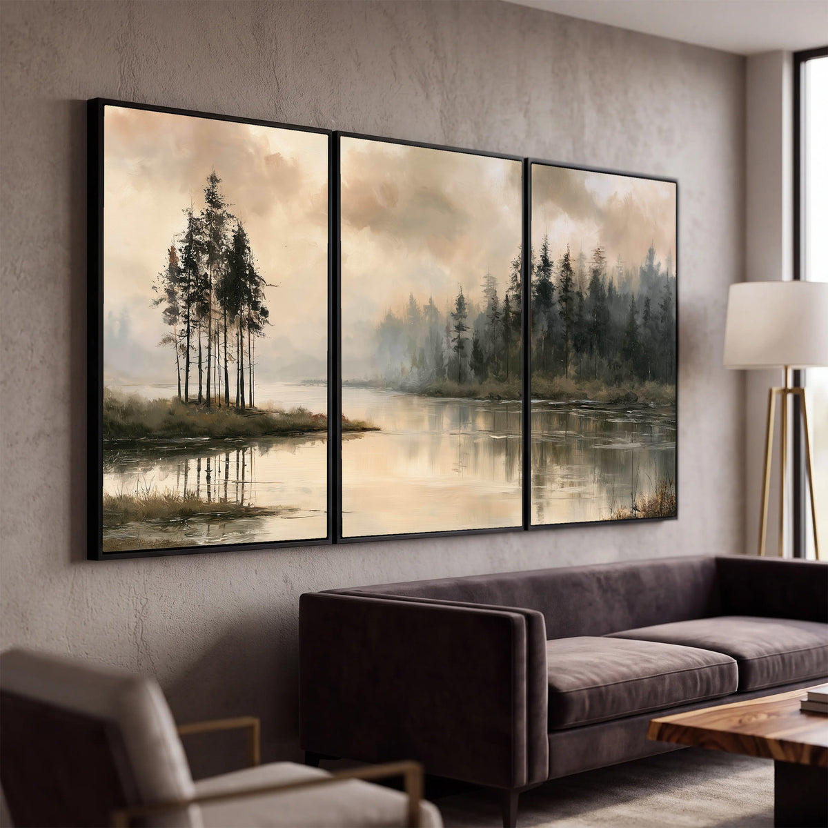 Misty lake pines painting 3 piece canvas wall art in a modern living room