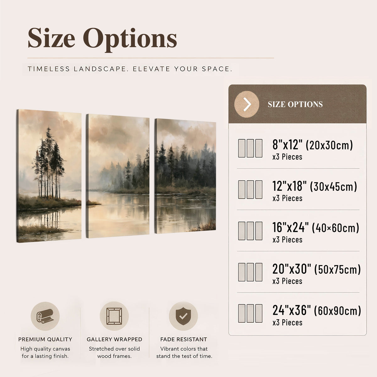Misty lake pines painting 3 piece canvas wall art size options