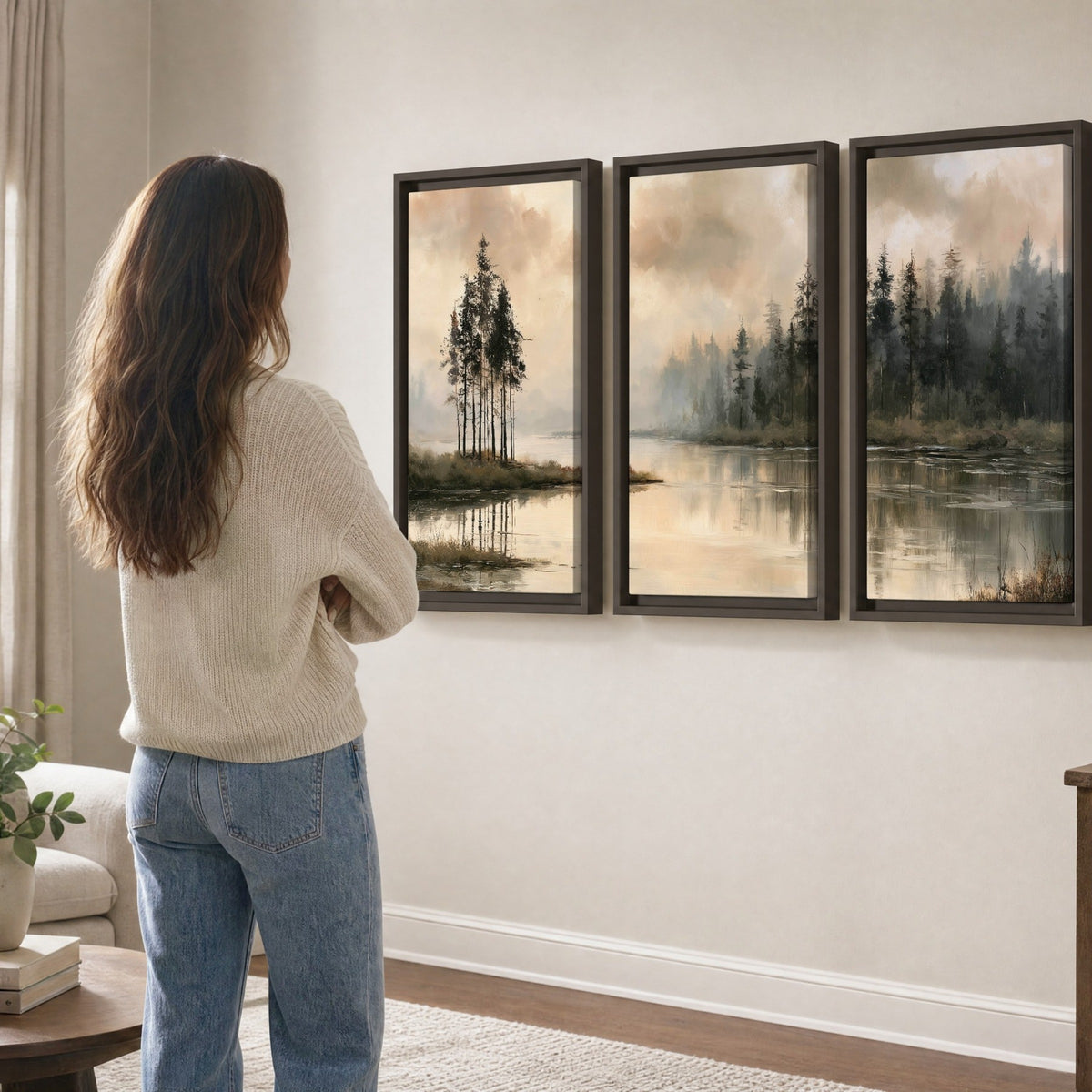 Misty lake pines painting 3 piece framed canvas in a living room