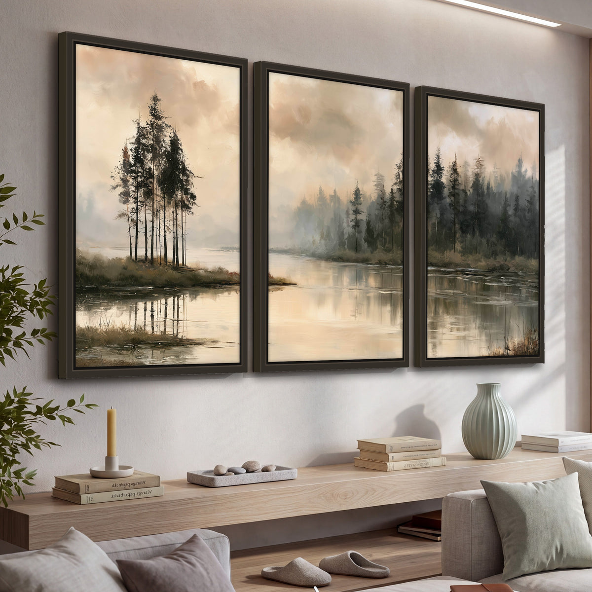 Misty lake pines painting 3 piece framed canvas in a living room above a console