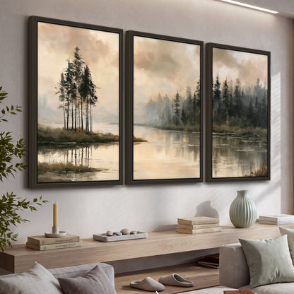 Misty lake pines painting 3 piece framed canvas in a living room above a console