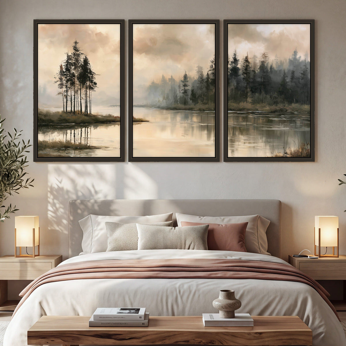 Misty lake pines painting 3 piece framed canvas in a bedroom above the bed