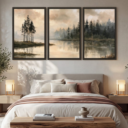 Misty lake pines painting 3 piece framed canvas in a bedroom above the bed