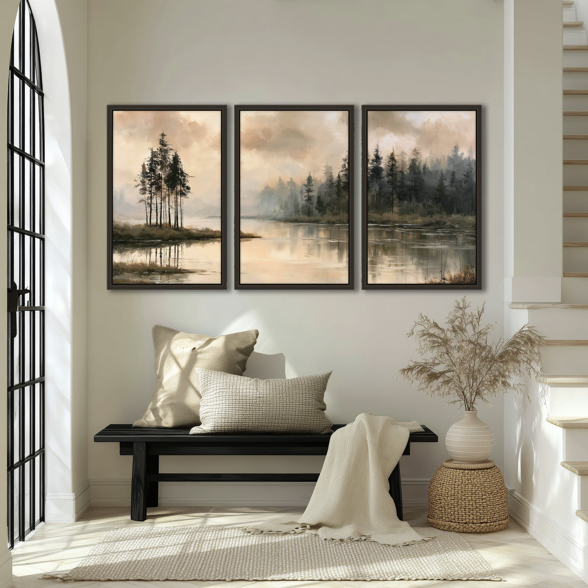 Misty lake pines painting 3 piece framed canvas in an entryway above a bench