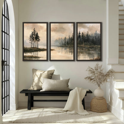 Misty lake pines painting 3 piece framed canvas in an entryway above a bench