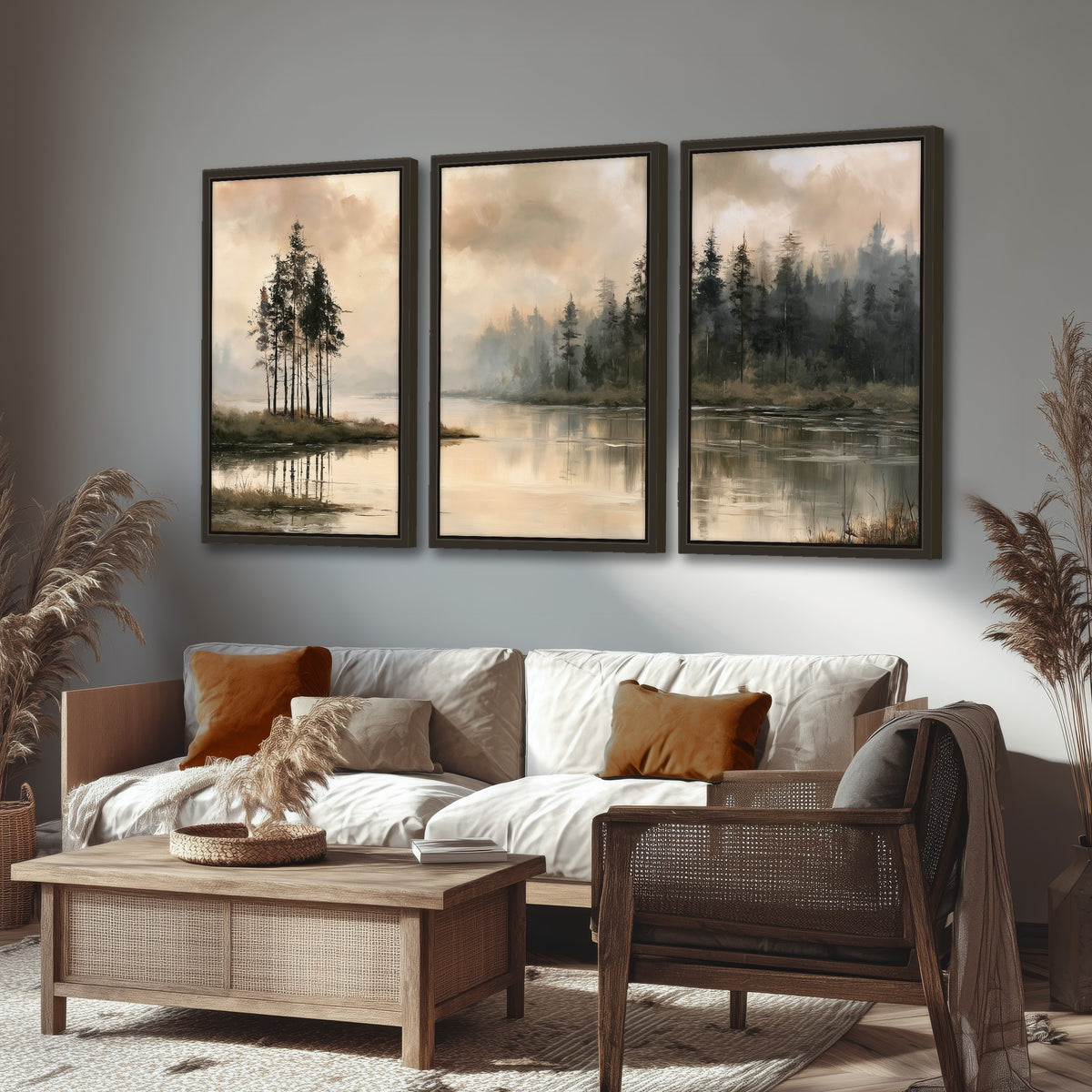 Misty lake pines painting 3 piece framed canvas in a rustic living room