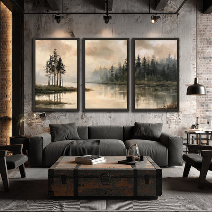 Misty lake pines painting 3 piece framed canvas in an industrial loft