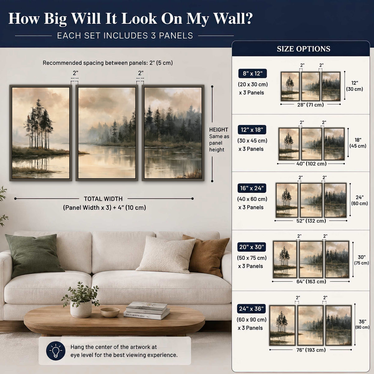 Misty lake pines painting 3 piece framed canvas size guide above a sofa