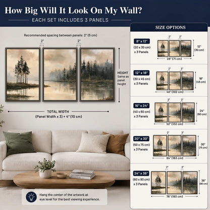 Misty lake pines painting 3 piece framed canvas size guide above a sofa