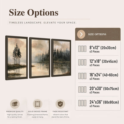 Misty lake pines painting 3 piece framed canvas size options
