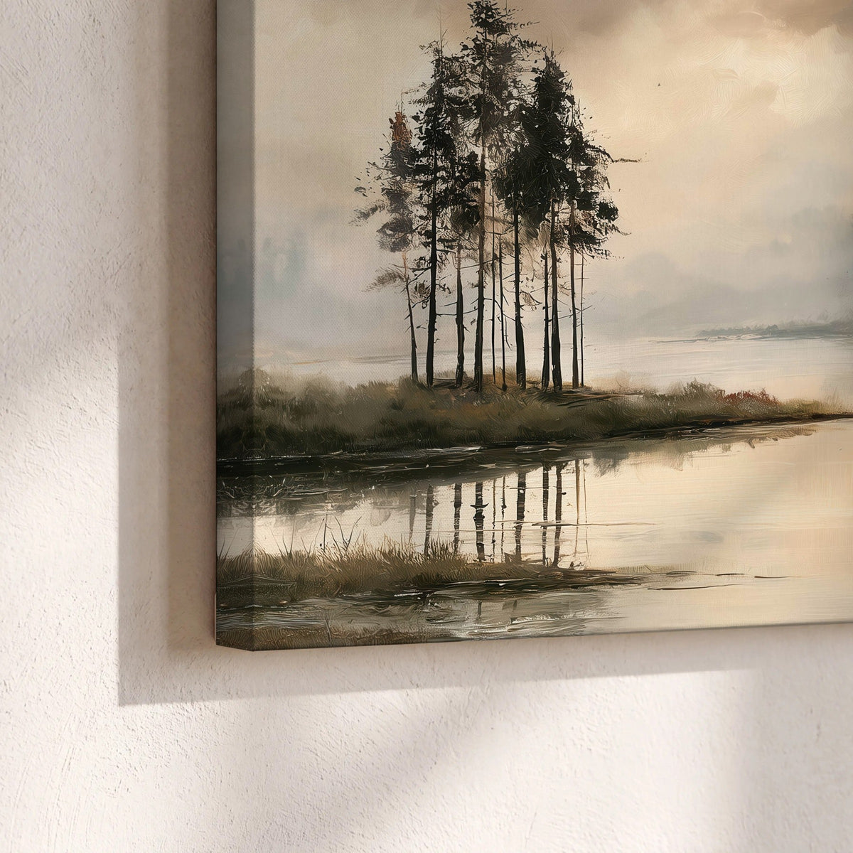 Misty lake pines painting canvas print close-up showing the gallery-wrapped edge