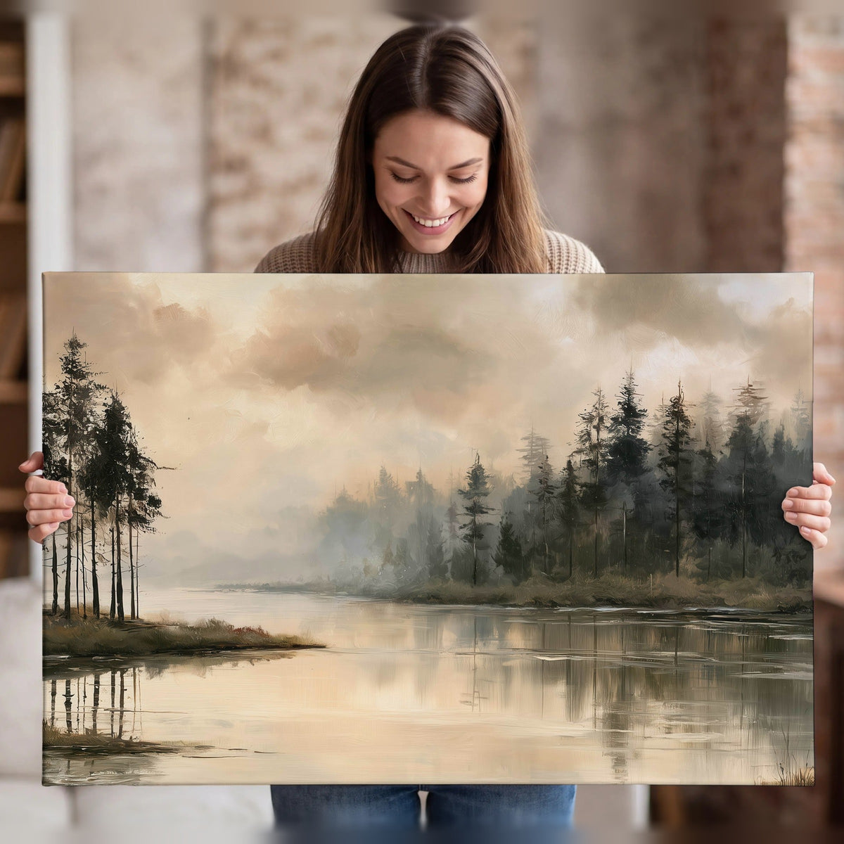 Misty lake pines painting canvas wall art held in hands