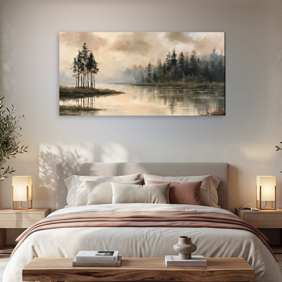 Misty lake pines painting canvas wall art in a bedroom above the bed