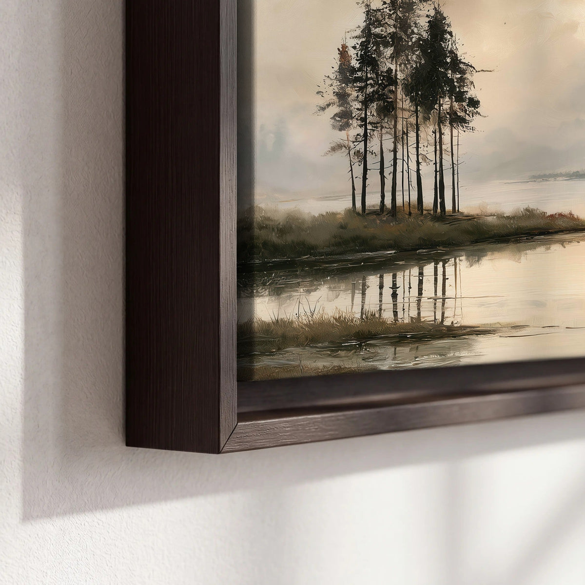 Misty lake pines painting framed canvas close-up showing the floating frame