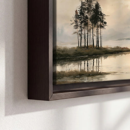 Misty lake pines painting framed canvas close-up showing the floating frame