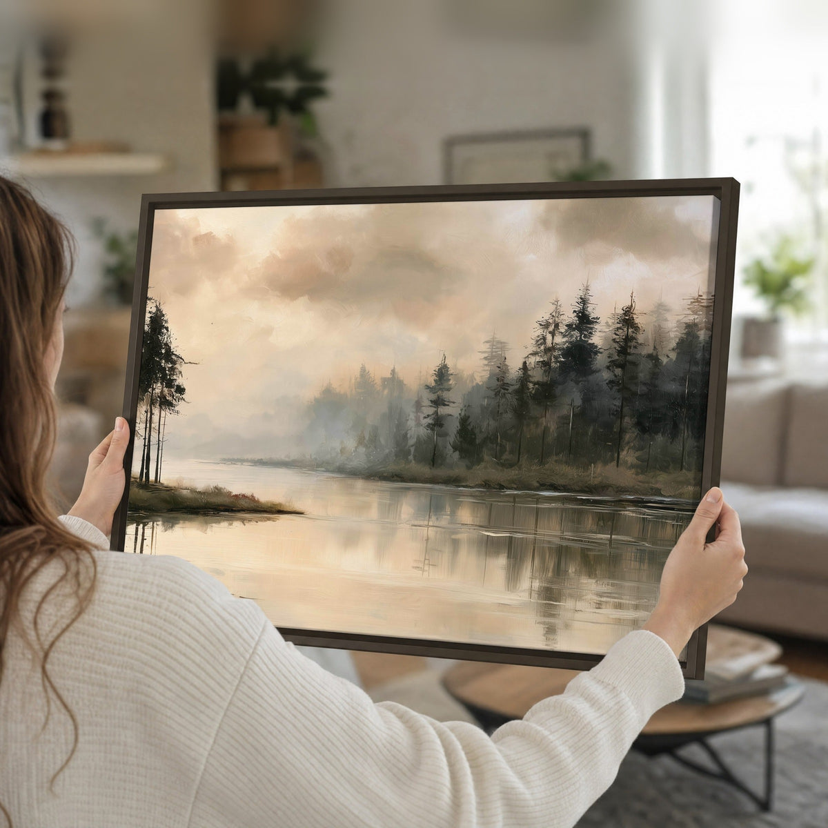 Misty lake pines painting framed canvas held in hands