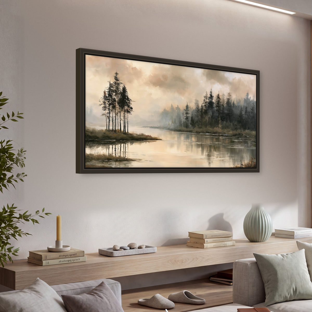 Misty lake pines painting framed canvas wall art in a living room above a console