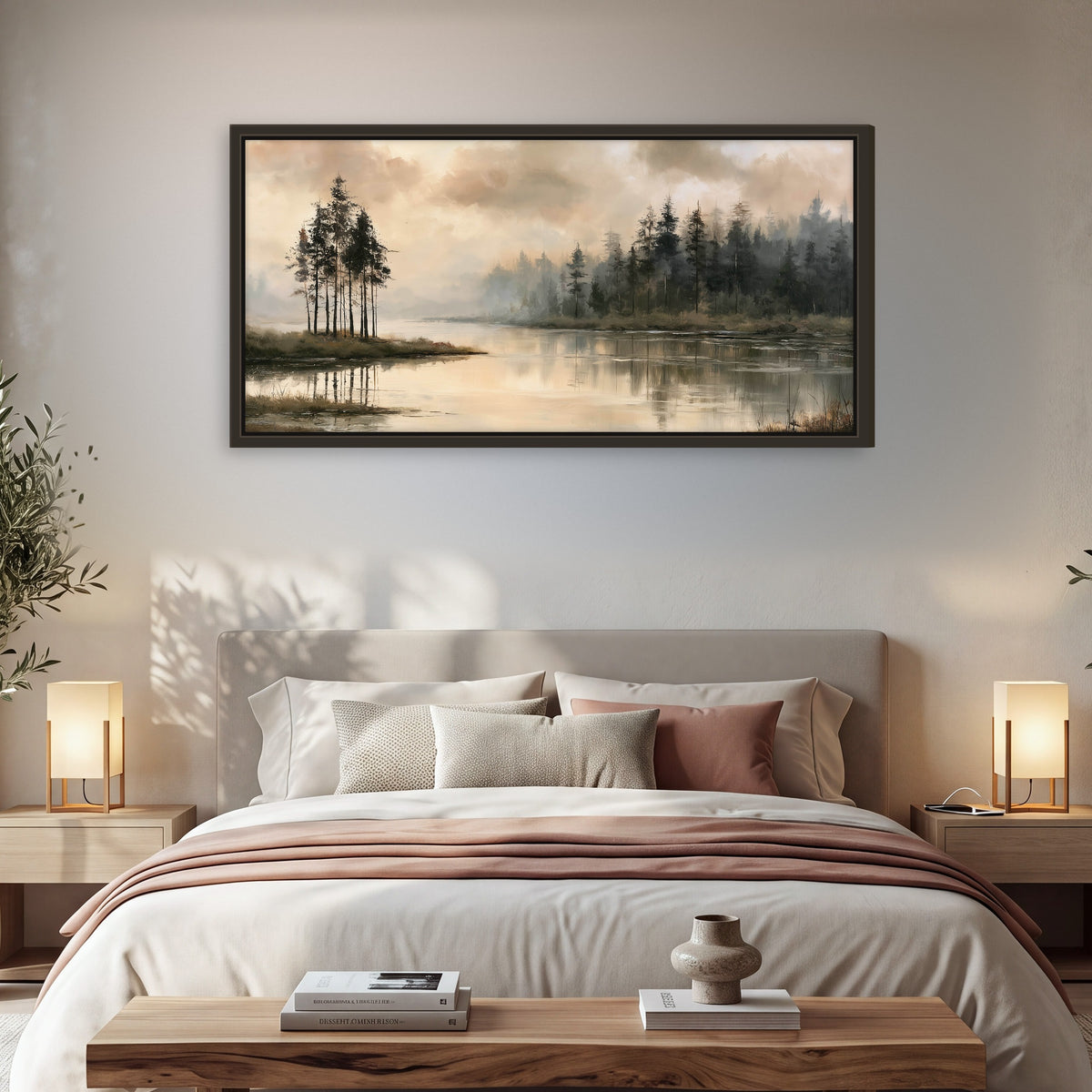 Misty lake pines painting framed canvas wall art in a bedroom above the bed