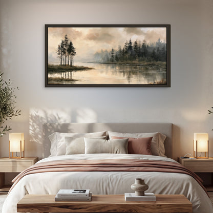 Misty lake pines painting framed canvas wall art in a bedroom above the bed