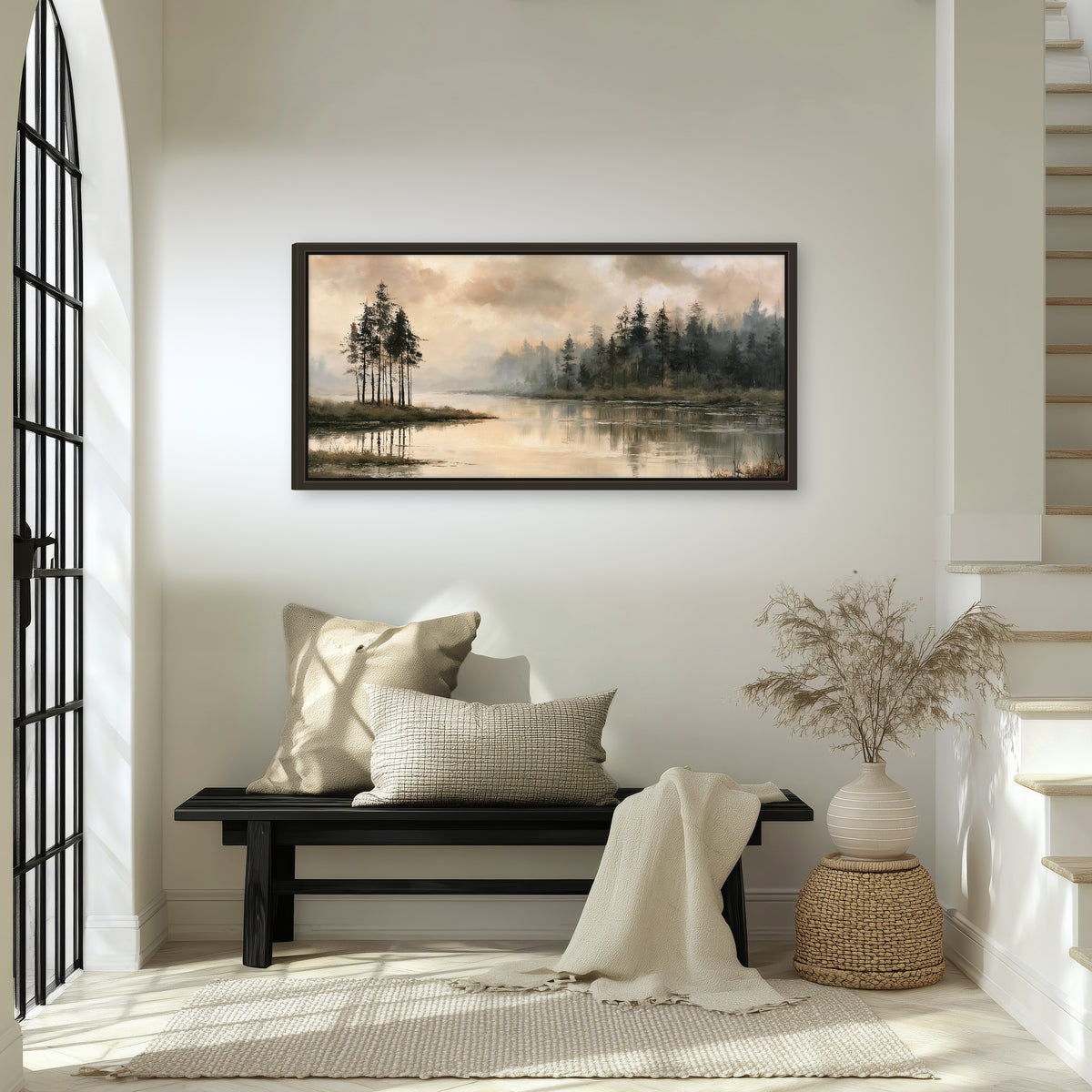 Misty lake pines painting framed canvas wall art in an entryway above a bench