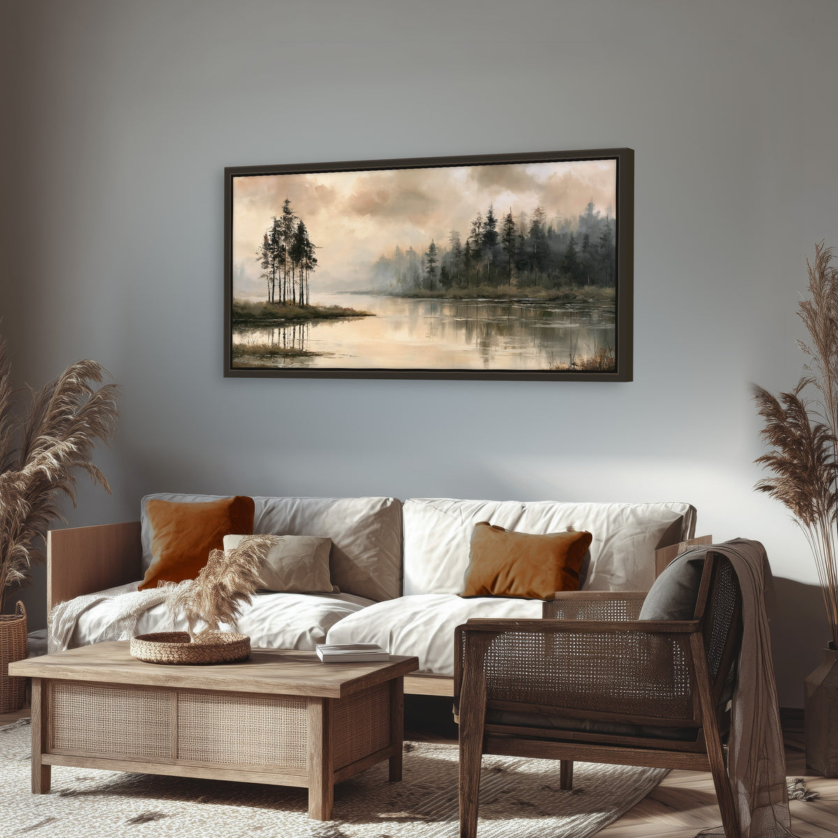 Misty lake pines painting framed canvas wall art in a rustic living room